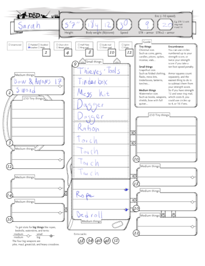 A filled in example of the inventory sheet
