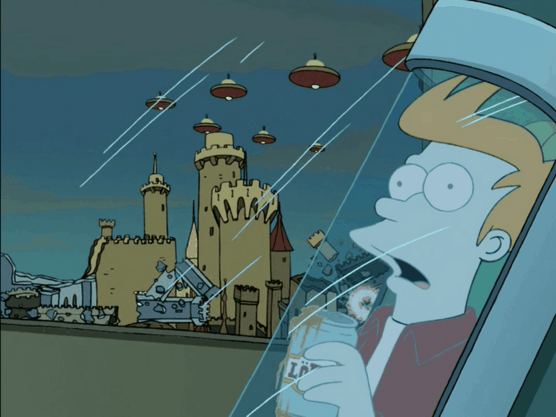 The rebuilt world getting torn down again, from Futurama