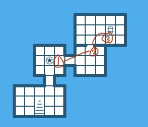 A dungeon map, showing a statue, then a door fifty feet away, then a chest thirty feet from the door.